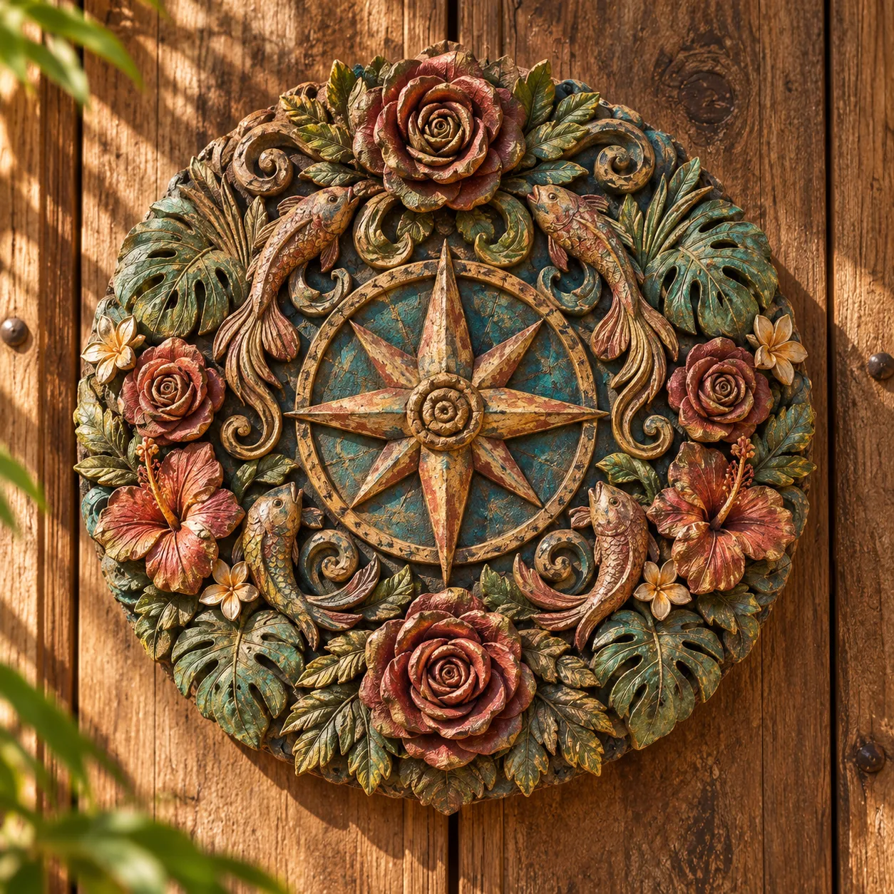 Rosa dos ventos, peixes e flores